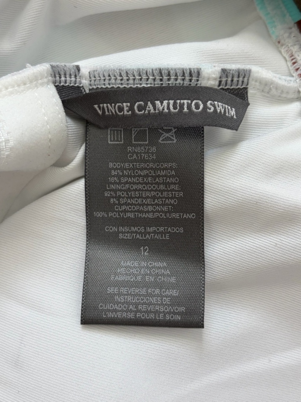 Vince Camuto Scoop Back One Piece Swimsuit Raindrop Geo White Blue Brown 12 NWOT - Picture 7 of 8